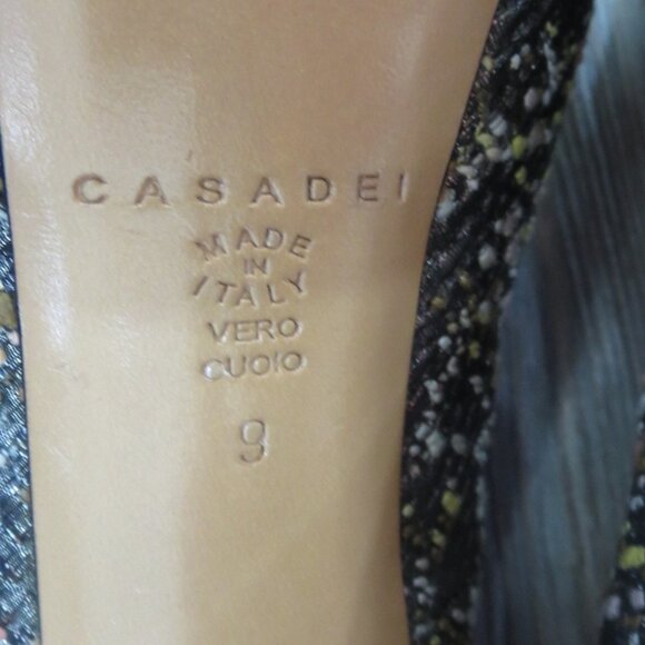 Near New Casadei Tweed Stiletto High Heels Peep Toe 9 Black Silver - Picture 16 of 16
